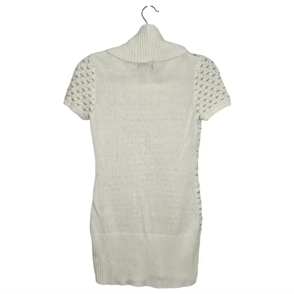 t/o Sweaters Turtleneck Short Sleeve Sweater White Accented with Gold Thread SML